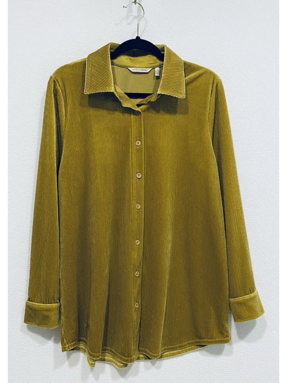 Soft Surroundings Top Womens Medium Mustard Yellow Boyfriend Shirt Ribbed Velvet